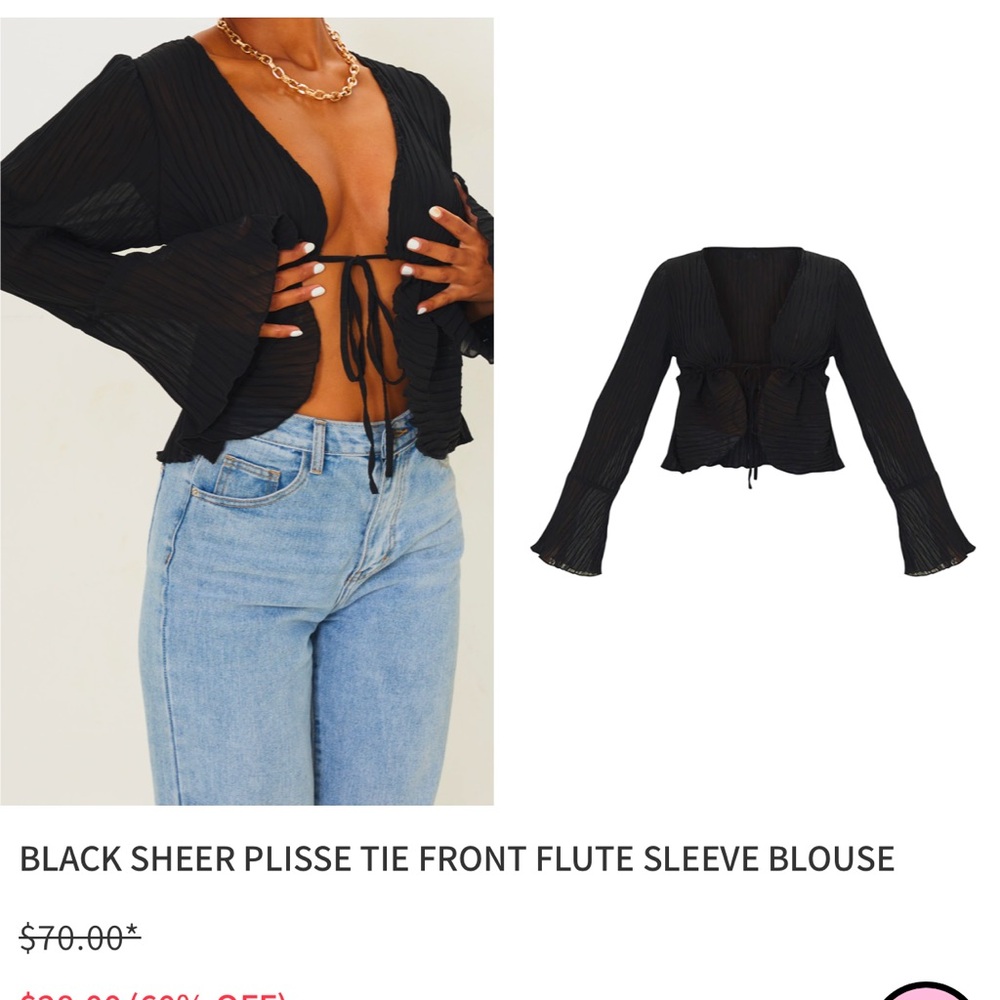 Black Sheer Plisse Tie Front Flute Sleeve Blouse